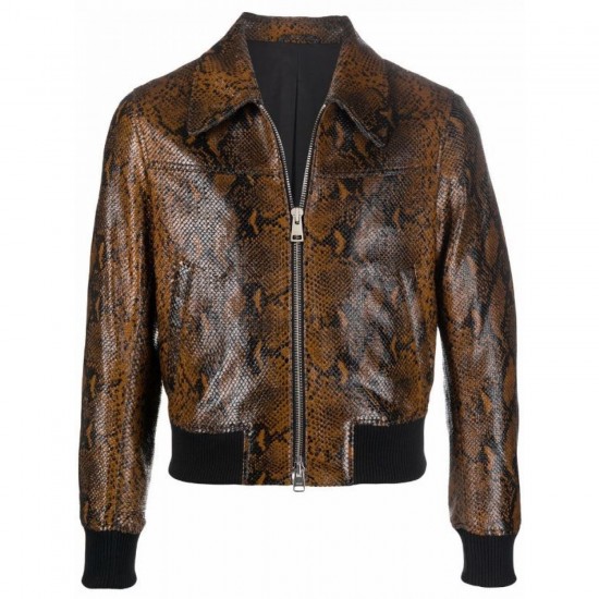 STYLISH SNAKESKIN EFFECT ZIP-UP LEATHER JACKET