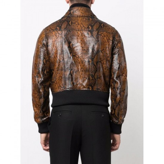 STYLISH SNAKESKIN EFFECT ZIP-UP LEATHER JACKET