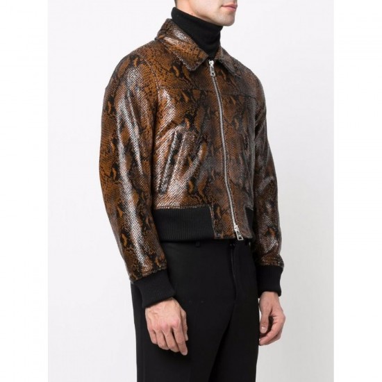 STYLISH SNAKESKIN EFFECT ZIP-UP LEATHER JACKET
