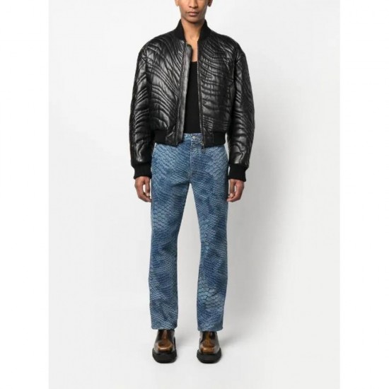VOGUE TRENDY STRIPE-QUILTED LEATHER BOMBER JACKET