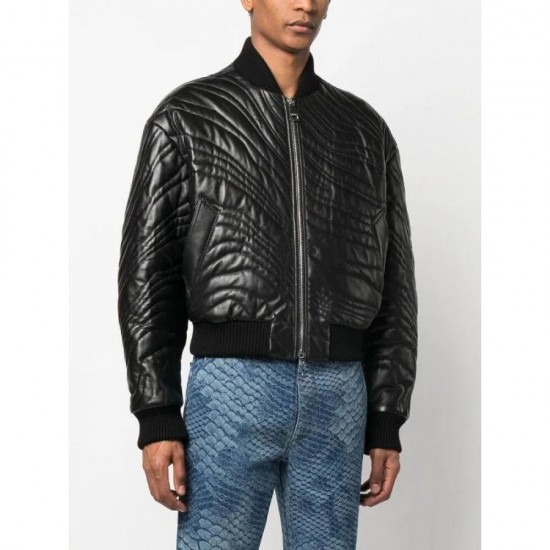 VOGUE TRENDY STRIPE-QUILTED LEATHER BOMBER JACKET