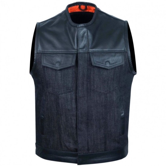 LEATHER AND DENIM COMBO BIKER GILET VEST