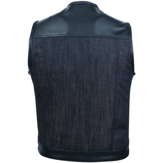 LEATHER AND DENIM COMBO BIKER GILET VEST