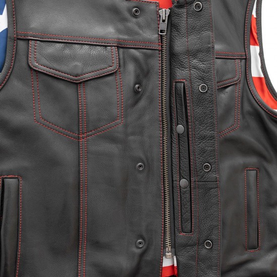 MEN'S LEATHER MOTORCYCLE LEATHER VEST - RED STITCH