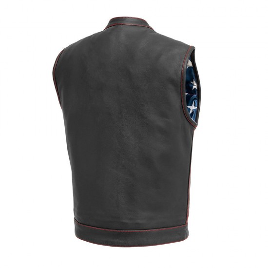 MEN'S LEATHER MOTORCYCLE LEATHER VEST - RED STITCH
