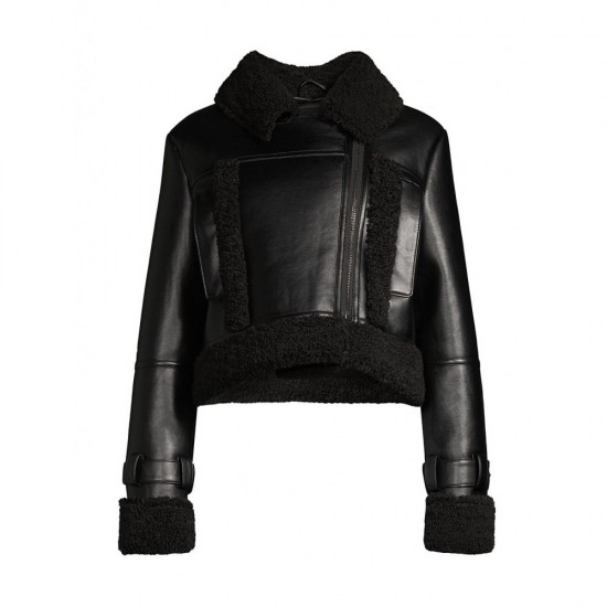 BLACK LEATHER & FAUX SHEARLING CROP JACKET