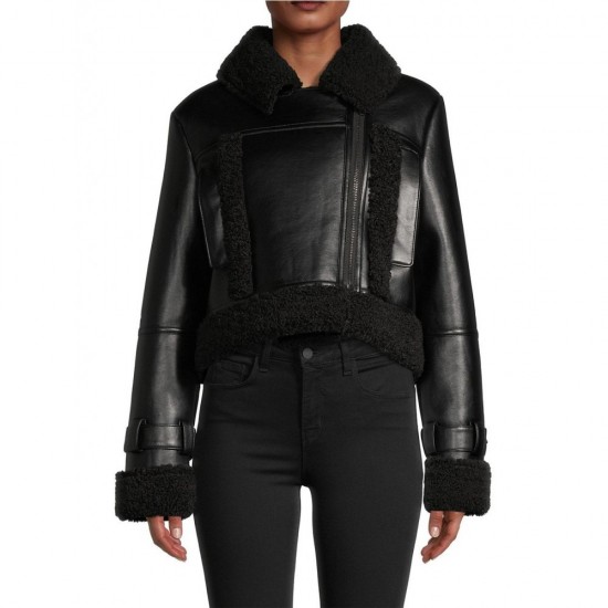 BLACK LEATHER & FAUX SHEARLING CROP JACKET