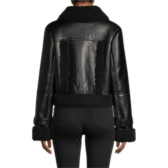 BLACK LEATHER & FAUX SHEARLING CROP JACKET