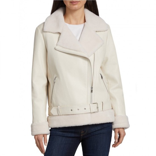 BLACK LEATHER & FAUX SHEARLING CROP JACKET